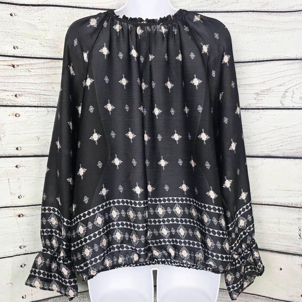 Cato Black Boho Border Print Peasant Top Medium - Picture 7 of 10